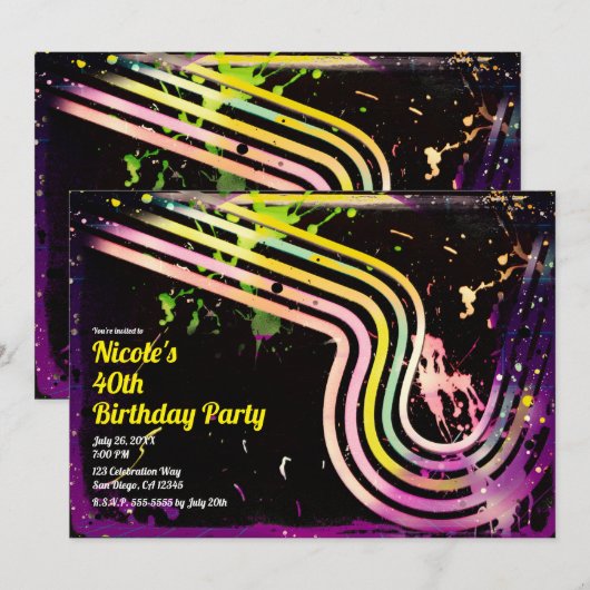 80年代のグランジテイスト カラースプラッター レトロ バースデーパーティー 招待状 (正面/裏面)