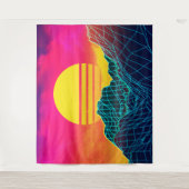 80年代のネオンマウンテンを背景としたVaporwaveの風景 タペストリー (正面)