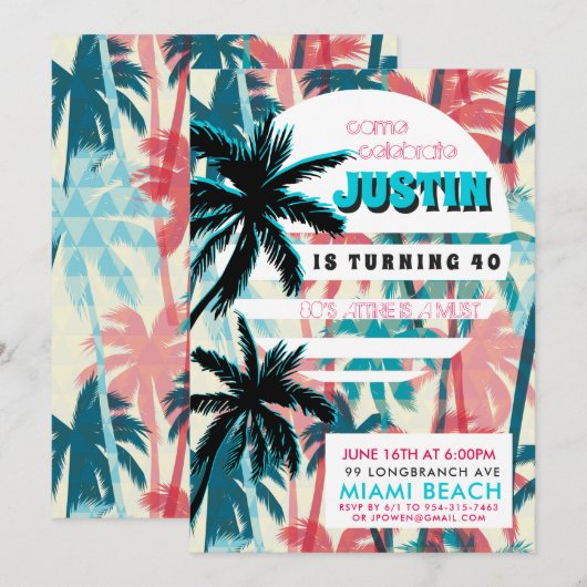 80年代のマイアミ・バースデーパーティーへようこそ 招待状 (正面/裏面)