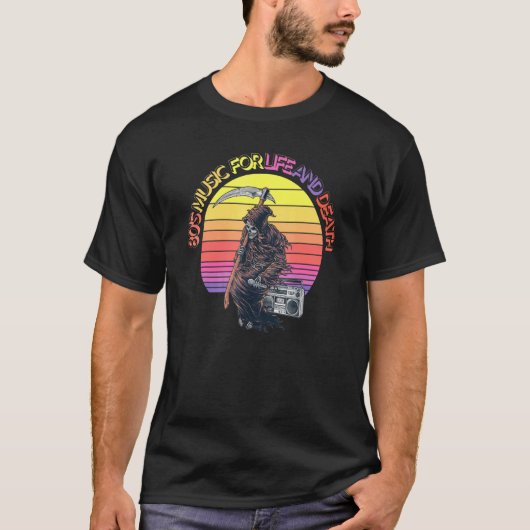 80年代の人生と死の音楽レトロサンセットグリムレア Tシャツ (正面)