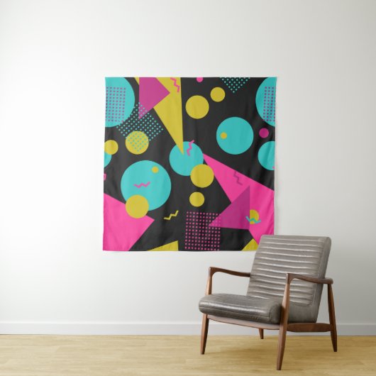 80年代の幾何学的なシームレスパターン(メンフィス要素付き) タペストリー (インサイチュ(横))