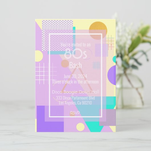 80年代の幾何学的ファンキーレトロ黄色のアナウンスカード 案内状 (スタンド正面)