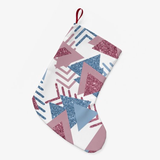 80年代の月抽象芸術 |ほこりっぽいメイブピンクとブルー スモールクリスマスストッキング (正面 (吊り時))