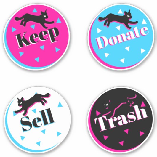 80年代の猫黒ピンク幾何学的なコンマリ組織 シール (正面)