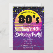 80年代の紫と黄色の太陽パーティーへのレトロなオマージュ 招待状 (正面)