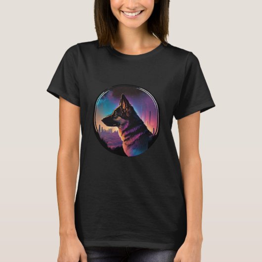 80年代の美学を取り入れた鮮やかなシンセウェーブジャーマンシェパード Tシャツ (正面)