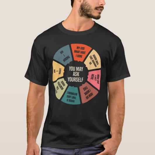 80年代の音楽のレトロな歌詞の円グラフ You May Ask Yours Tシャツ (正面)