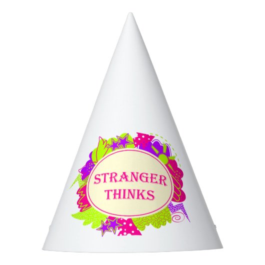 80年代のTV番組風の「Stranger thinks」引用符 パーティーハット (正面)