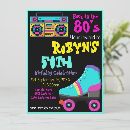 80年代または90年代のテーマ誕生日招待状 招待状 (スタンド正面)