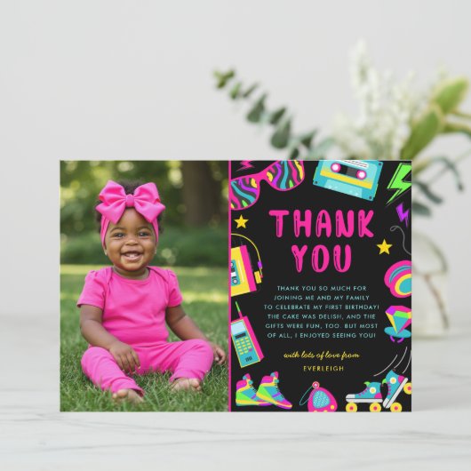 80年代をテーマにした女の子の誕生日写真 サンキューカード (スタンド正面)