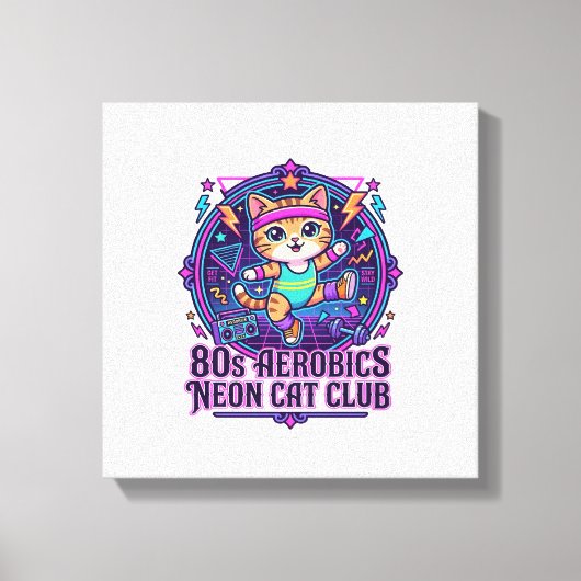80年代エアロビクス ネオン 猫 楽しい 猫好き デザイン - 80年代 キャンバスプリント (正面)