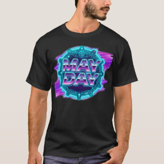 80年代シンセウェーブ「メーデー」ネオン グラフィック メンズ Tシャツ