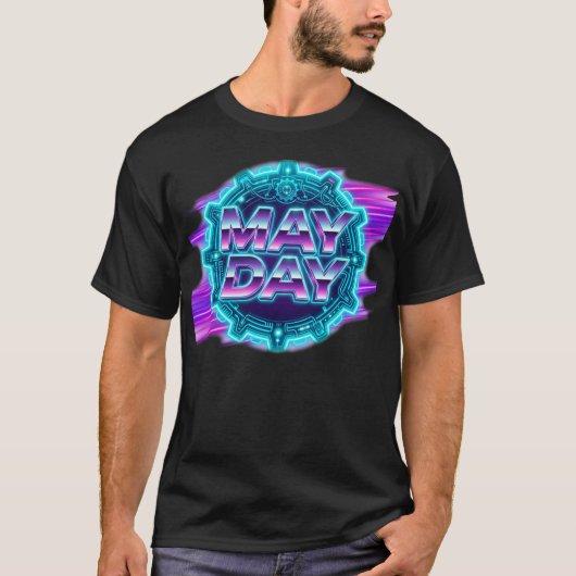 80年代シンセウェーブ「メーデー」ネオン グラフィック メンズ Tシャツ (正面)