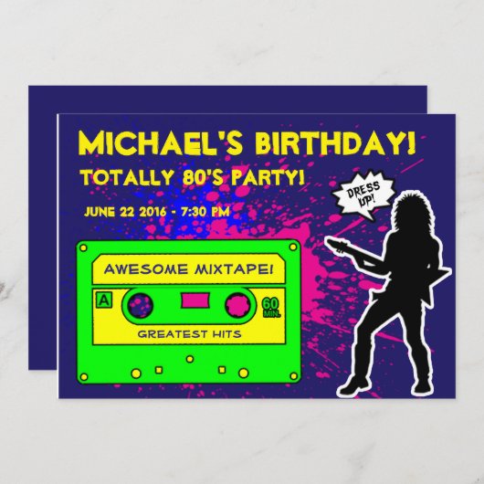 80年代パーティの招待状、80年代の誕生会、80年代 招待状 (正面/裏面)