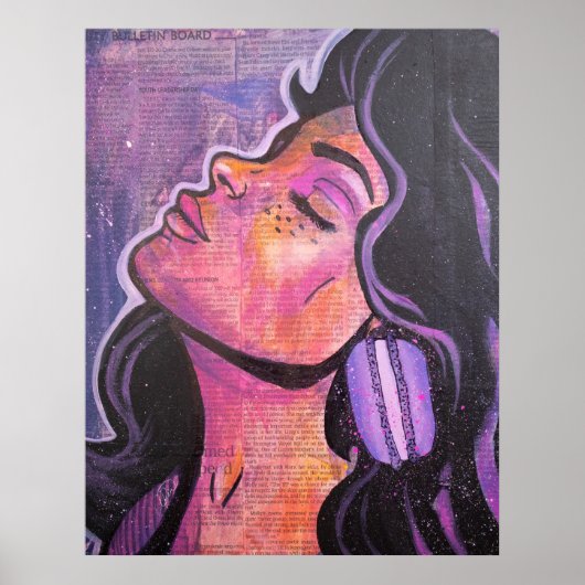 80年代ブラック&パープルヘアフェミニンアーポップ・アートのトコラージュP ポスター (正面)