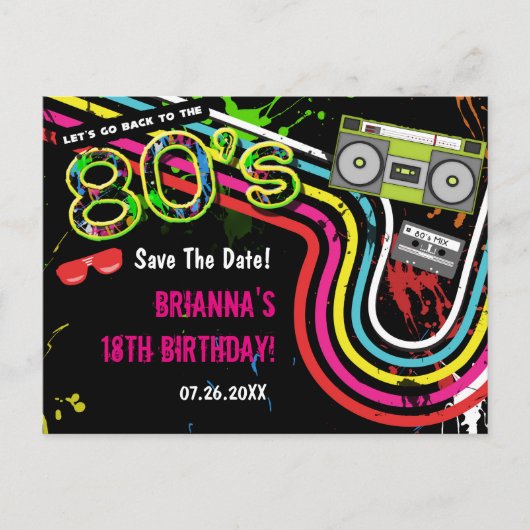80年代レトロな誕生日パーティーの事前告知はがき 案内ポストカード (正面)