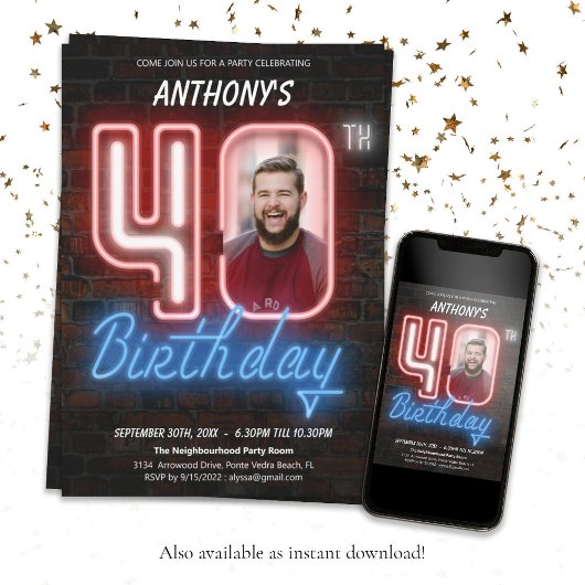 80年代レトロカスタム写真ネオン40歳の誕生日 招待状
