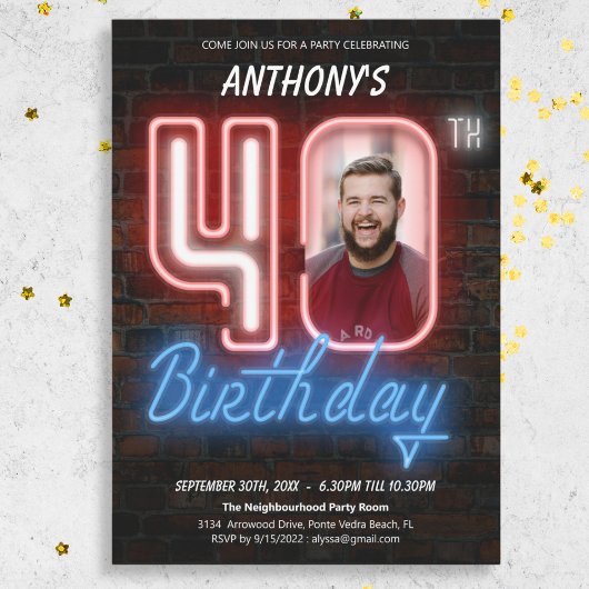 80年代レトロカスタム写真ネオン40歳の誕生日 招待状