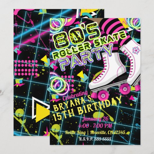 80年代レトロ ローラースケート 誕生日パーティー 招待状 (正面/裏面)