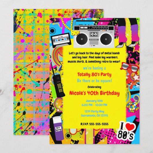 80年代 イエロー レトロ テーマ 誕生日 パーティー イベント 招待状 (正面/裏面)