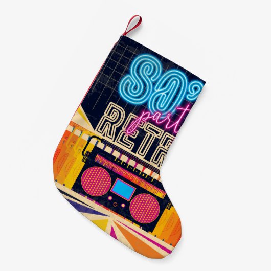80年代、レトロな音楽パーティー。古いスタイルポスター。ディスコフール スモールクリスマスストッキング (正面 (吊り時))