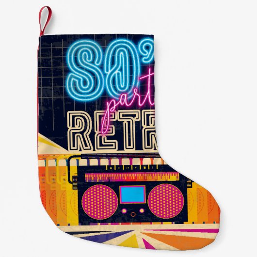 80年代、レトロな音楽パーティー。古いスタイルポスター。ディスコフール スモールクリスマスストッキング (正面)