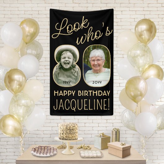 80歳おめでとう ブラック&ゴールド 2枚の写真 誕生日パーティー 横断幕