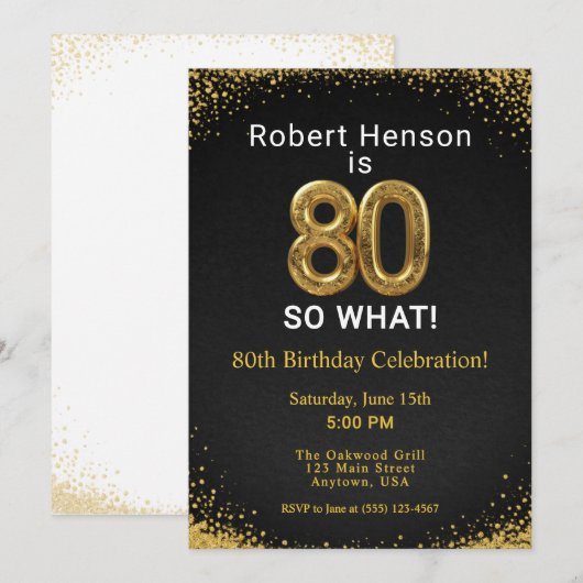 80歳だって何が悪い!ブラックゴールド80歳の誕生日 招待状 (正面/裏面)