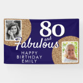 80歳でファビュラス ゴールドグリッター2枚の写真の誕生日バナー 横断幕 (横)