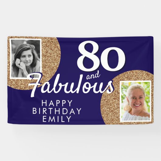 80歳でファビュラス ゴールドグリッター2枚の写真の誕生日バナー 横断幕 (横)