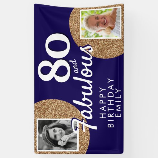 80歳でファビュラス ゴールドグリッター2枚の写真の誕生日バナー 横断幕 (縦)