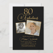 80歳のお誕生日おめでとう ゴールドの文字が映える2枚の写真入り 招待状 (正面)