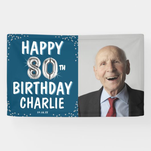 80歳のお誕生日おめでとう シルバーバルーン 写真バナー 横断幕 (横)