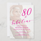 80歳のお誕生日おめでとう ピンクの写真オーバーレイ 文字入り 招待状 (正面)