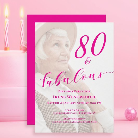 80歳のお誕生日おめでとう ピンクの写真オーバーレイ 文字入り 招待状