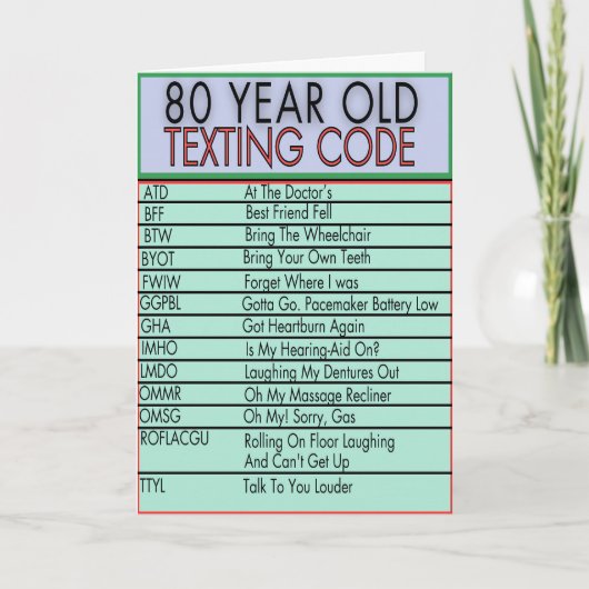 80歳のテキストコードユーモア誕生日シニア カード (正面)