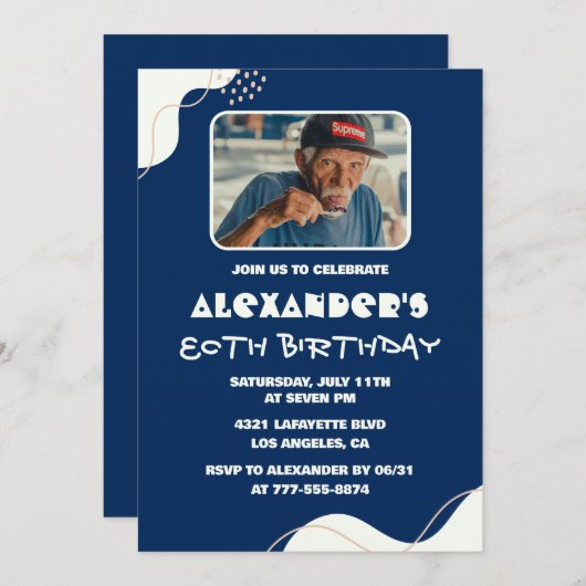 80歳の招待状メンズ写真シンプル海軍 招待状 (正面/裏面)