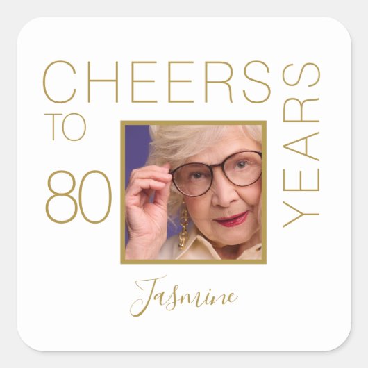 80歳の祝いに乾杯 ホワイトゴールド フォト エレガント スクエアシール (正面)