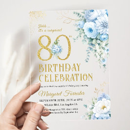 80歳の誕生日おめでとう ダスティブルーとゴールドのスパークル アクリル招待状