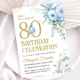 80歳の誕生日おめでとう ダスティブルーとゴールドのスパークル 招待状