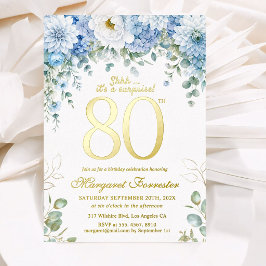 80歳の誕生日おめでとう ダスティブルーの花と本物のゴールド 箔招待状