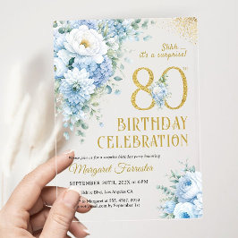 80歳の誕生日おめでとう ダスティブルー ゴールド フローラル アクリル招待状