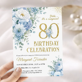 80歳の誕生日おめでとう ダスティブルー ゴールド フローラル 招待状
