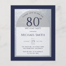 80歳の誕生日おめでとう ネイビーブルー シルバー メンズ 招待状