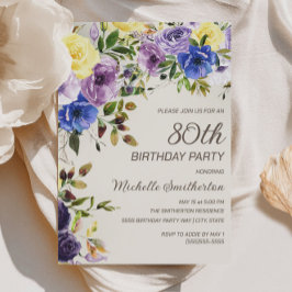 80歳の誕生日おめでとう パープル&イエロー 水彩花柄 招待状