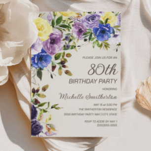 80歳の誕生日おめでとう パープル&イエロー 水彩花柄 招待状