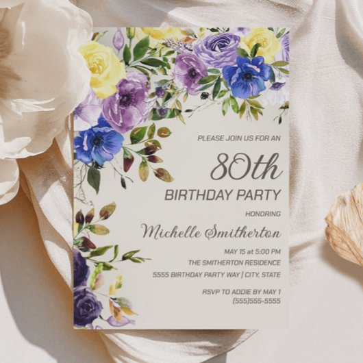 80歳の誕生日おめでとう パープル&イエロー 水彩花柄 招待状