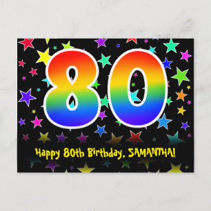 80歳の誕生日おめでとう:楽しいスターパターン、虹80、名前 ポストカード