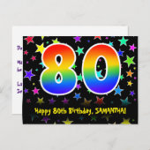 80歳の誕生日おめでとう：楽しいスターパターン、虹80、名前 ポストカード (正面/裏面)