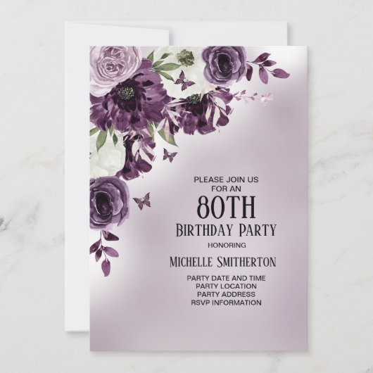 80歳の誕生日おめでとう 紫と白のお花と蝶々 招待状 (正面)